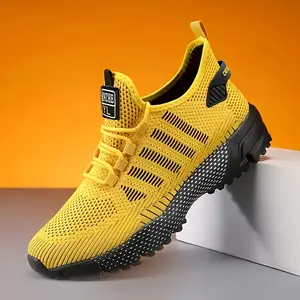 Men's Breathable Sports Shoes - Lightweight Running Shoes, Soft PVC Sole, Yellow and Black Mesh Design, Suitable for Gym, Hiking and Casual Wear, Fitness Shoes