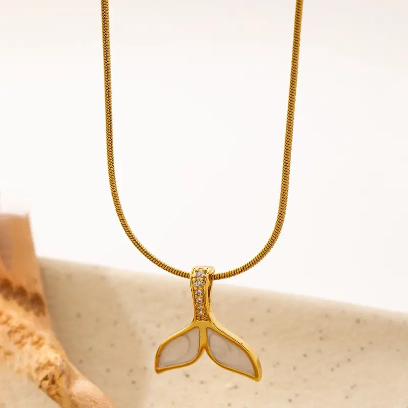Whale Tail Pendant Necklace with Gold Chain and Rhinestones, Elegant Design for Women