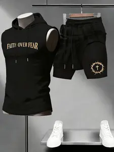 Men's Hoodie Shorts Set, Faith over Fear Graphic, Casual Sporty Loose Fit, Daily Fitness Wear, Gym Training, Streetwear, Sweat Suits, Tracksuit Sets