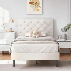 Upholstered    Headboard, Linen Fabric    Button Tufted Headboard, No Box Spring Needed, Easy Assembly, Twin/ Full/ Queen/ King, Beige/ Pink/ Dark Grey/ Grey/ Blue/ Cream/ Black Bed Frame with Size Gingham Daybed Trundle