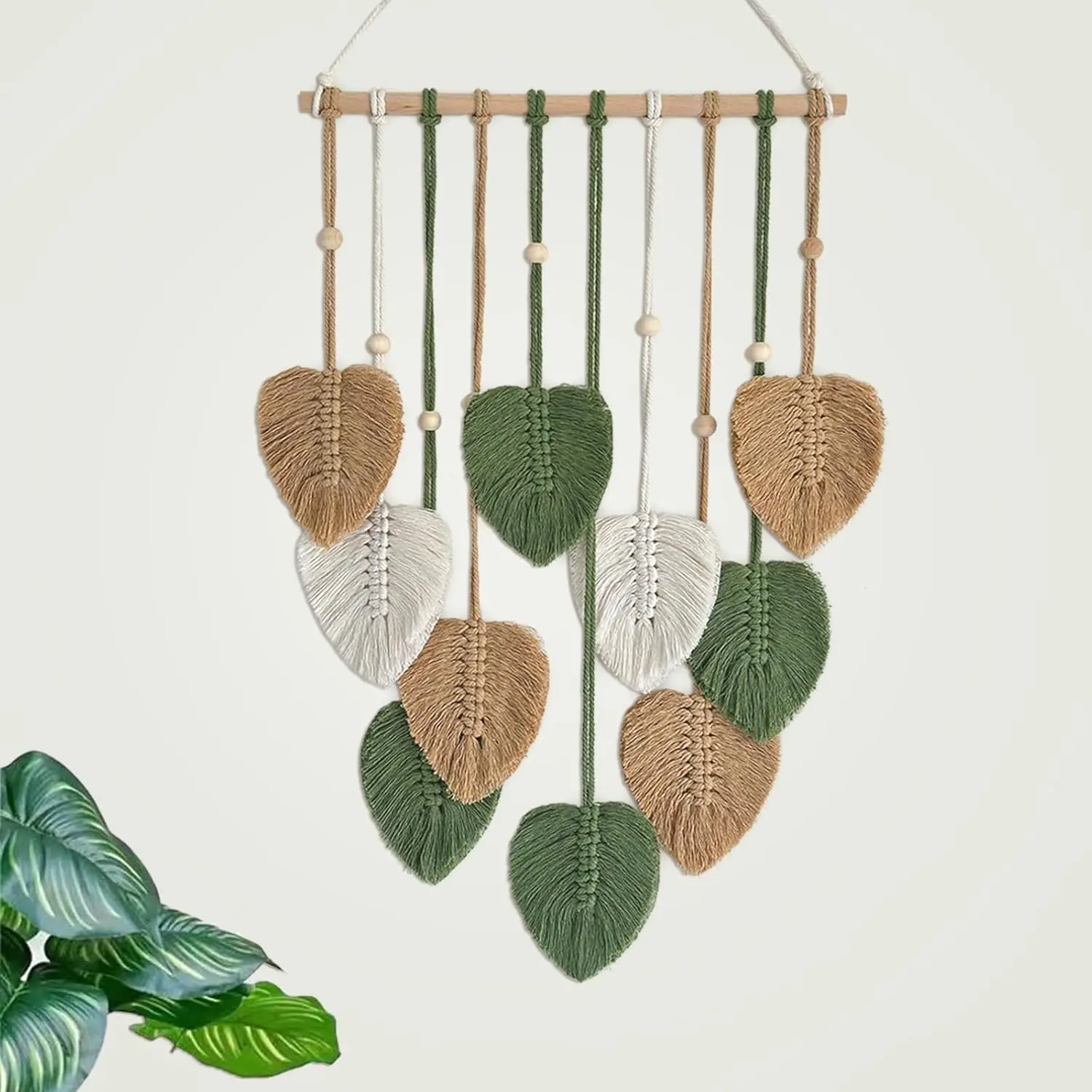 Macrame Wall Hanging Nursery Decor Leaves Woven Tapestry Feather Handmade Yarn Tassels Boho Wall Decor Leaves Art Decorations for Nursery Bedroom Living Room Apartment Home Backdrop (Green)