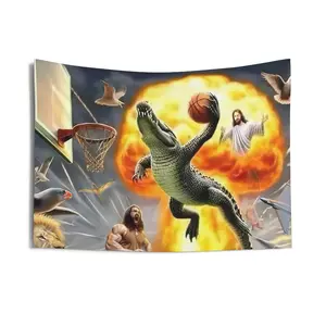 Crocodile Dunking Meme 29"x39" Wall Tapestry Funny College Dorm Decor Featuring Alligator Basketball Print Hard Image Cool Bedroom Aesthetic Multicolor 100% Polyester Hemmed Edges