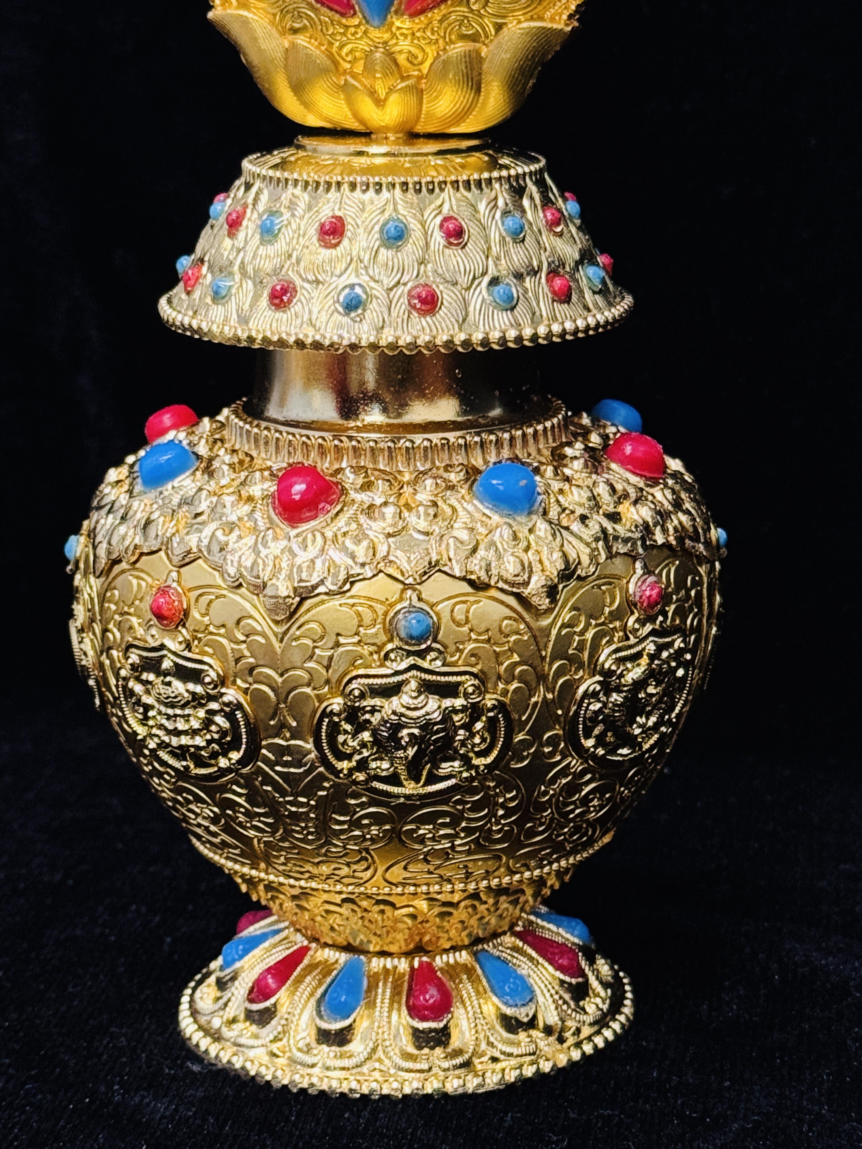 Handmade Tibetan Style Gold-Plated Treasure Vase, Ornate Inlaid Gemstone Buddhist Vase, Lucky Prosperity Home Decor