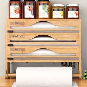 Bamboo Plastic Food Wrap Cutter with Napkin Holder, Wall-Mounted Aluminum Foil Paper Cutter, Three-Grid (four-In-One) Kitchen Organizer Rack, Kitchen Utensils Holder