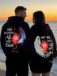 Men's & Women's Matching Couple's Hooded Sweater She Accepted All My Dark He Sees All My Light Loose Fit Long Sleeve Pullover With Pockets Cozy Casual Winter Sweater For Couples Machine Washable Matching Outfits For Valentine's Day Gifts