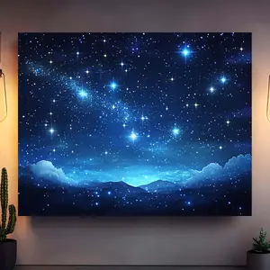 One piece of starry night sky and galaxy background fabric, featuring patterns of stars, clouds and mountains - durable and suitable for indoor and outdoor parties, birthdays, festivals, weddings and corporate events, with glowing stars