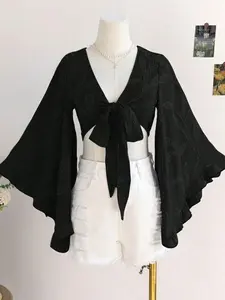 Soleia Women's Boho Music Festival Brown Wicker Texture Open Front Tie Ruffle Flare Sleeve Blouse