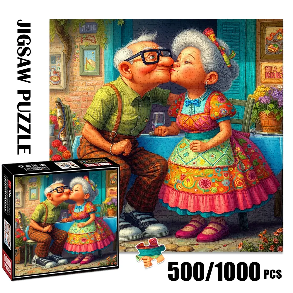 1pc 1000 piece adult Family Puzzle 58x58cm Cartoon - style Elderly Couple Kissing in a Colorful Outdoor Setting 500 pieces paper jigsaw puzzle suitable for DIY creative games for adults and families, birt Art Puzzles Gift