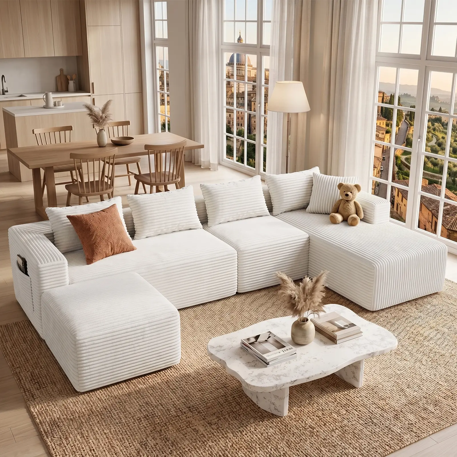 【Premium Quality】Joylsle 118" Oversized Modular Cloud Couch, 6-Seater Corduroy Boneless Sectional Sofa with Deep Seat Chaise & Ottoman, High-Density Foam Compressed Lounge Bed with 6 Free Pillows for Living Room,  2 Packages ,soft corduroy fabric