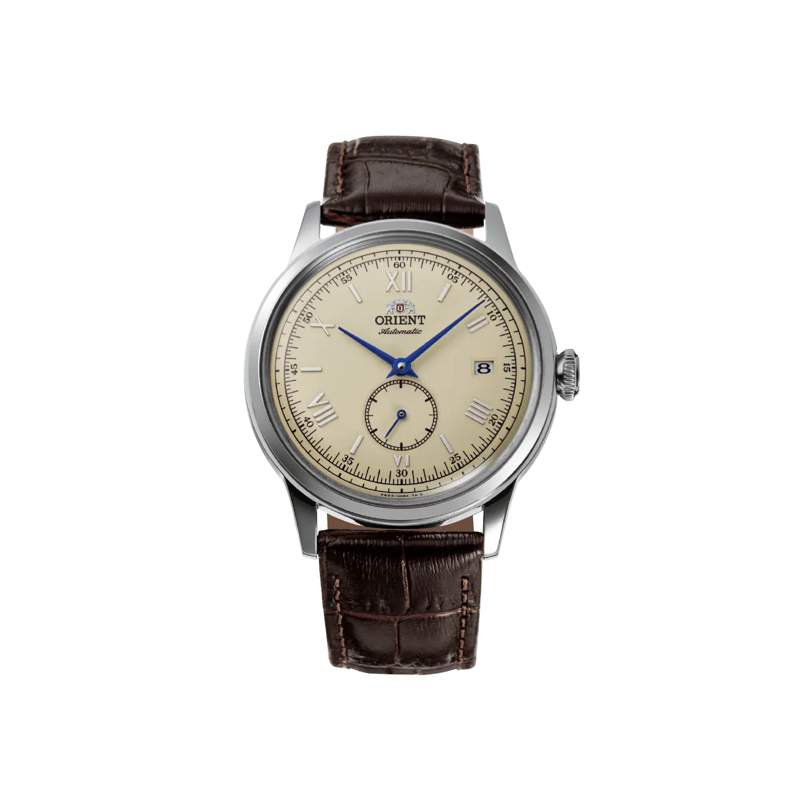 Orient Bambino Version 2 Unisex Classic Dress Analog Wristwatch - 38.4mm Stainless Steel Case, Champagne Dial, Leather Buckle, Auto Hacking Automatic Movement, 30M - 50M Water Resistant, Calendar Date Display, Mineral Glass, 12 Months, Model RA-AP0105Y30B