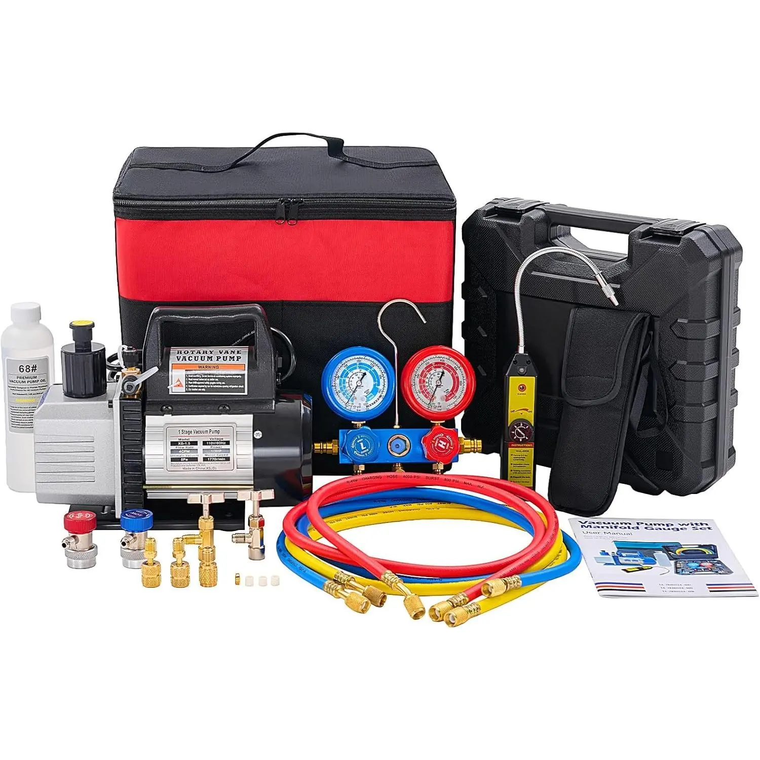 110V Single-Stage 1/3 Hp Vacuum Pump Full Kit, 4 Cfm R134a/R410a Manifold Gauge Set with Oil Monitor for HVAC AC Refrigeration, Leak Detector, Carry Bag, Adapters, 0 To 400 Psi