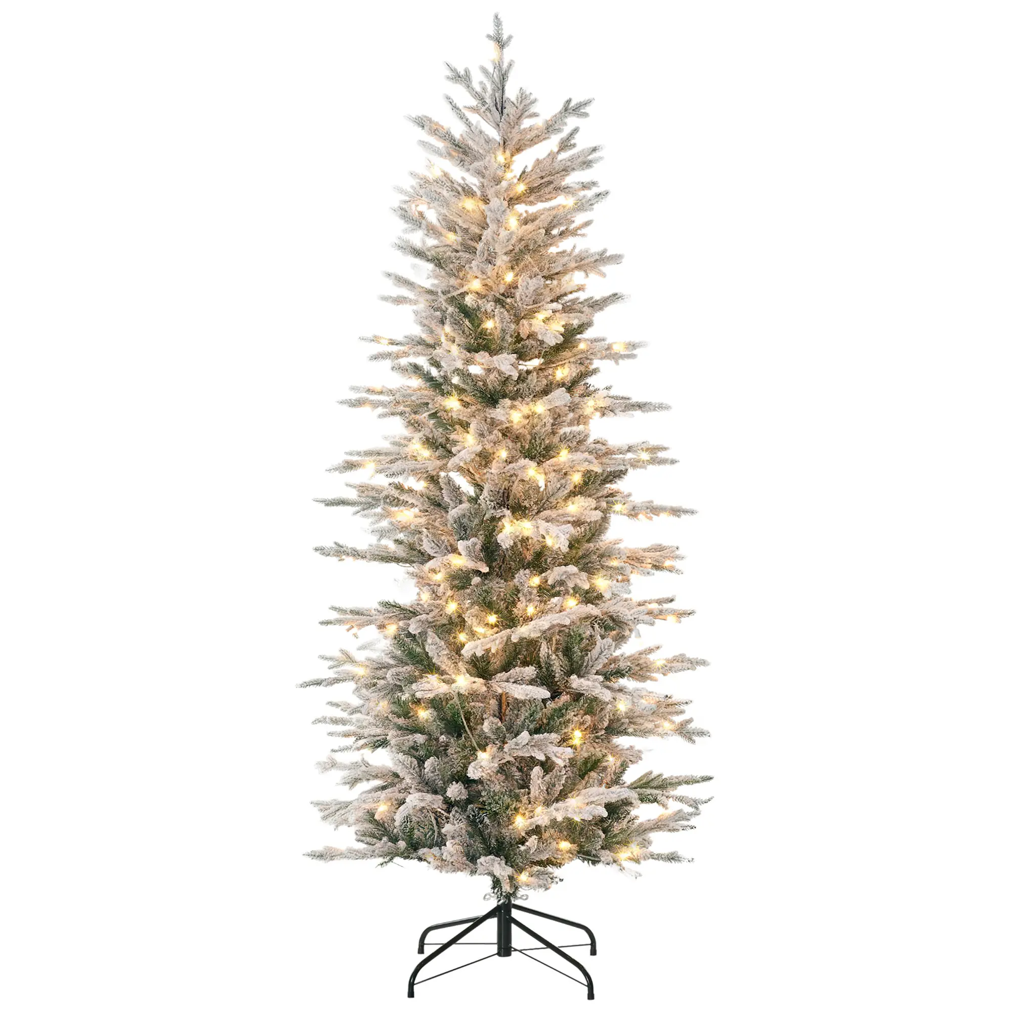 6ft Full Shape Flocked Christmas Tree Pre Lit Warm Yellow Clear Lights 636 Snow Dusted Branches Auto Gravity Open Design Extra Replacement Bulbs Flame Retardant Safe Design Easy Assembly Foldable Storage