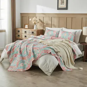 Vibrant Boho King Size Reversible Bohemian Striped Bedspread Comforter Microfiber Coverlet Bedding Set with Pillow Shams