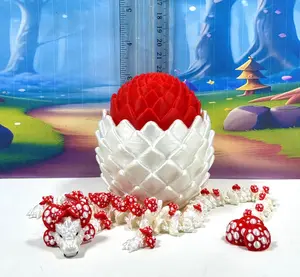 3D Printed Dragon with Egg, Articulated White and Red Mushroom Dragon, 12 Inches Fidget ADHD Autism Toy D078-WRE