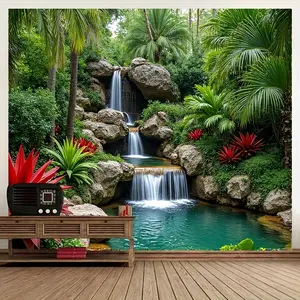 Tropical Waterfall Backdrop Jungle Landscape Backdrop Green Nature Background Cloth Scenic Tapestry Wall Hanging Photography Background Polyester Fiber Birthday Party Wedding Anniversary Indoor Outdoor Event Decor Studio Prop