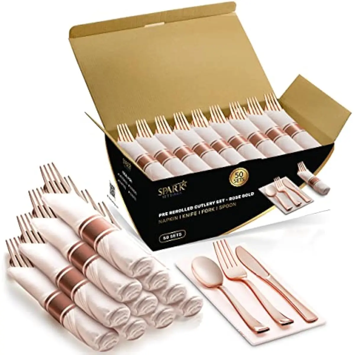 Rose Gold Plastic Silverware - 50 Pre Rolled Napkin and Cutlery Set, Elegant Wrapped Plastic Cutlery Set With Napkin, Forks, Knives, Spoons - Disposable For Party
