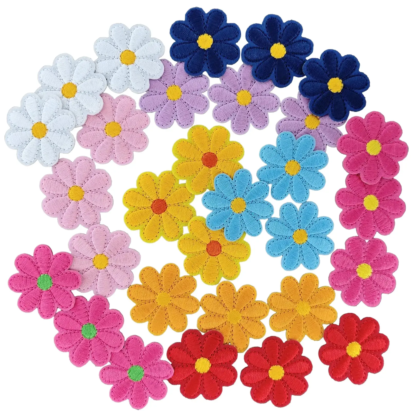 30PCS Unisex Colorful Flower-Shape Embroidery Patches - Heat Transfer Pocket-Sized Fabric Appliques for DIY Clothes, Adults' Sewing Projects, Embroidery Patch, Flower Shapes