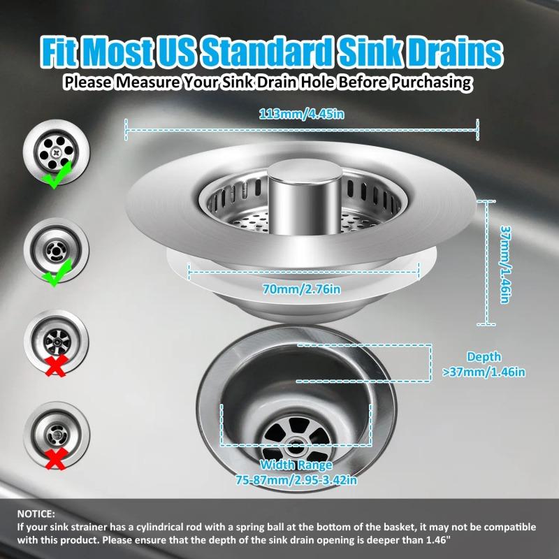 Stainless Steel Kitchen Sink Strainer 3-in-1 Deodorizing Anti-Clogging Basket Strainer for US 3-1/2 Inch Sink Drains