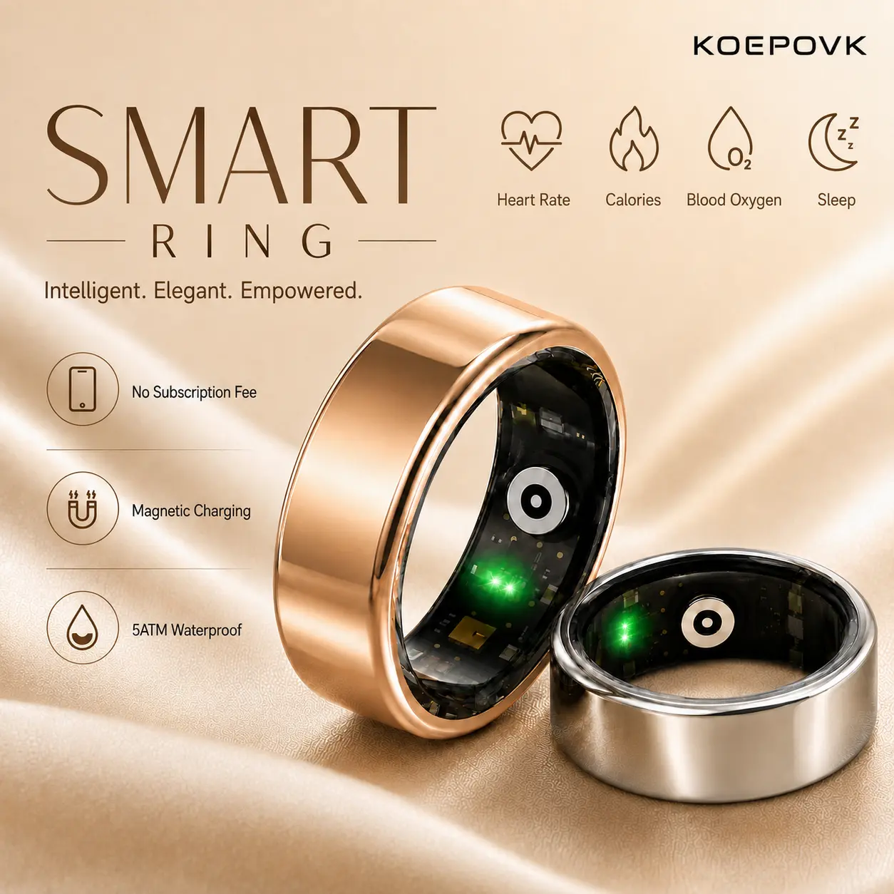 Stainless Steel Smart Health Ring, No Subscription, 5ATM Waterproof Fitness Tracker with All-Day Sleep Monitoring, Activity-Stress Tracking, Multi-Sport Modes, 3-5 Days Battery, Compatible with iOS/Android, Ideal Holiday Gift for Men/Women