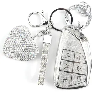 Key Fob Cover with Diamond Keychain Fit for Chevy Car Key Holder Compatible with Chevrolet 2021-2024 Tahoe Suburban GMC Yukon Denali Silverado Key Protector, 6 Buttons (Silver-Heart)