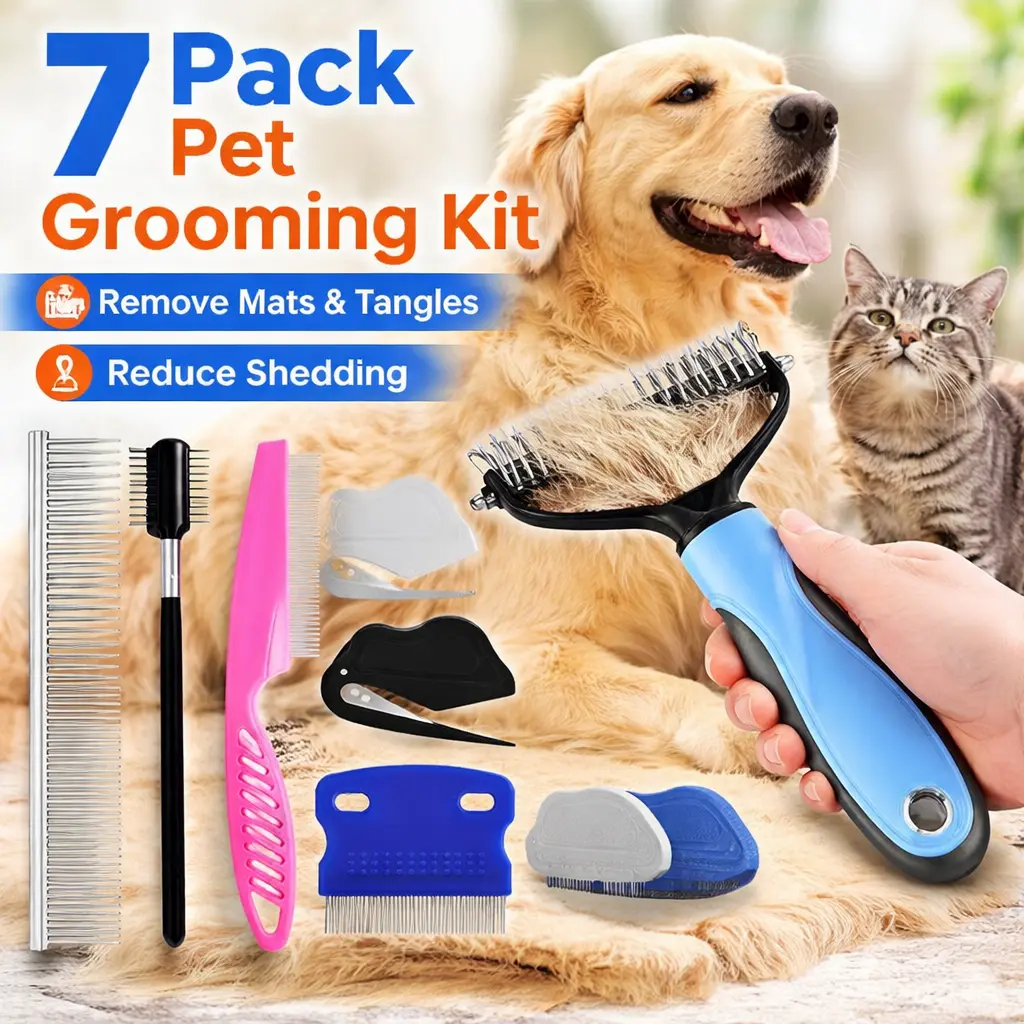 7-Pack Pet Grooming Brush Kit – Double-Sided Deshedding Dematting Tool, Undercoat Rake for Dogs & Cats, Includes Metal Comb, Flea Comb, Tear Stain Remover, and Fine-Tooth Comb – Complete Grooming Set for All Coat Types