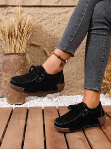 Women's Fall New Style Lace-Up Flat Shoes, Trendy Square Toe Design, Casual Travel Lightweight Footwear, Perfect for Holidays