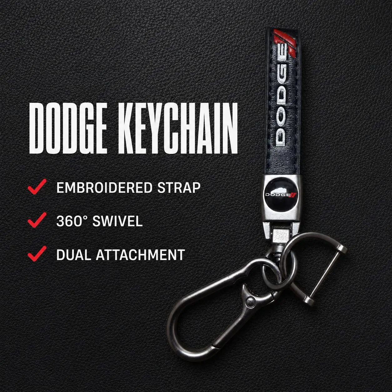 Dodge Car Keychain for Charger, Challenger, Durango - Embroidered Black & Red Strap, Metal Clip, Key Ring - Automotive Interior Accessory Gift for Drivers