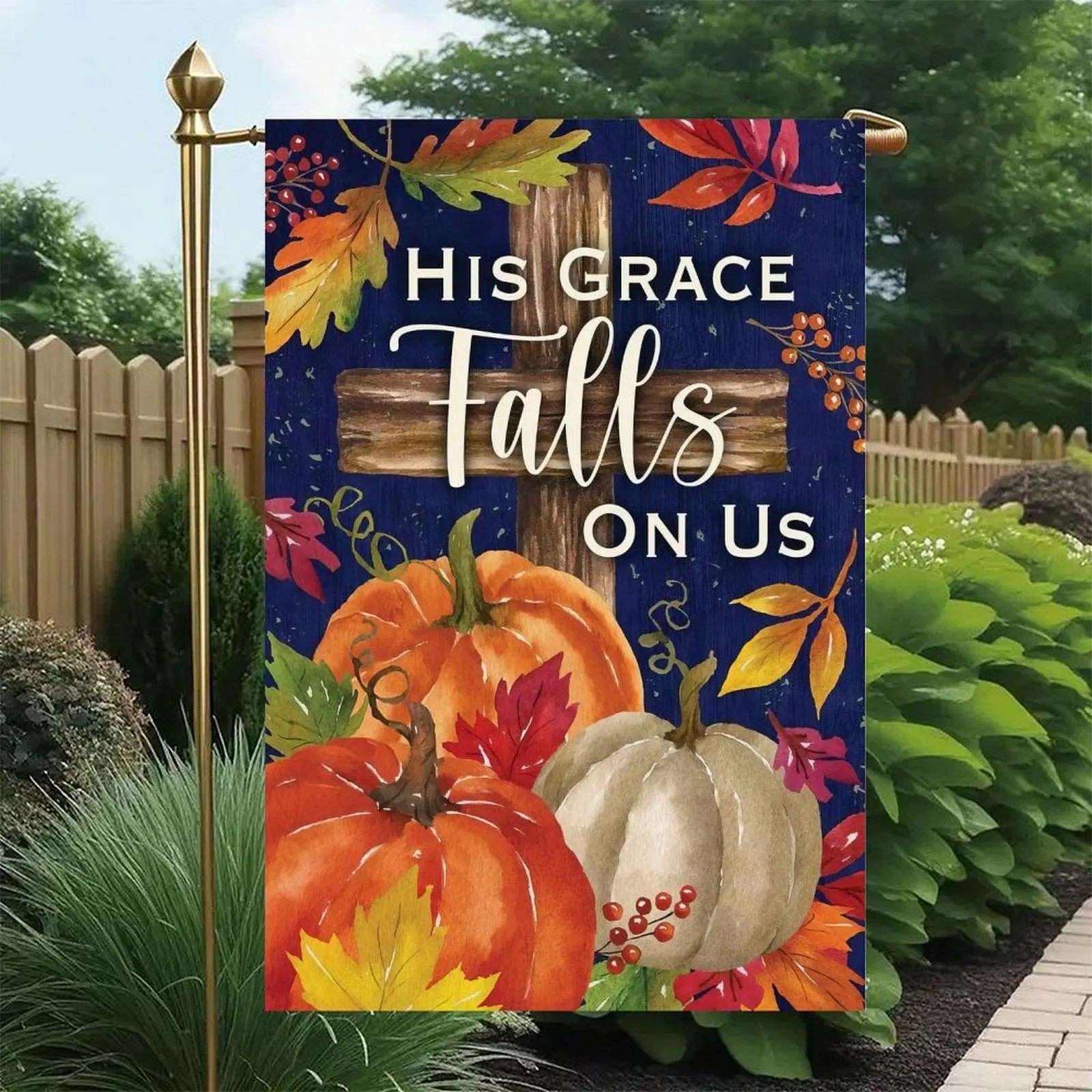 12x18in Double-Sided Print Christian Garden Flag, Waterproof Linen with His Grace Falls On Us Wooden Cross-Pumpkin-Maple Leaf-Berry Design, Heat Transferred Dark Blue Outdoor Decoration for Fall Thanksgiving