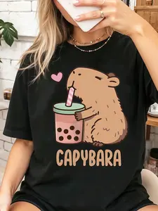 Cute Waterhog Drinking Milk Tea Print T-Shirt, Soft Cotton Loose Short Sleeve, Adorable Rodent + Pearl Milk Tea Pattern, Casual Home Wear