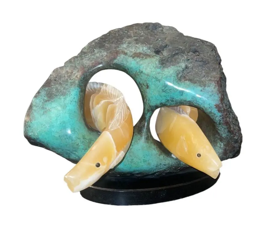 Late 20th Century Campbell Calcite Fish Sculpture Bronze Reef Marble Base U.S.A.