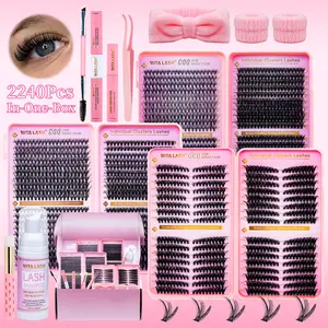 RITALASH 2240PCS Cat Lash D Curl Individual Eyelashes Individual Lashes Clusters Black Soft Diy Eyelash Extensions Kit, Eyelash Extensions Set With Lash Bond&Seal Lash Remover Tweezers Dual-Ended Brush Shampoo&Brush Headband Wristband
