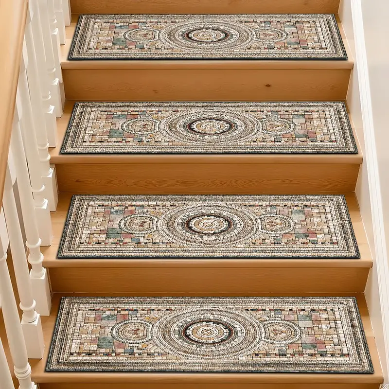 Vintage Mosaic Inspired Decoration Stair Mat, Absorbent Non-Slip Wooden Step Rug, Quick-Dry Wet-Proof Stair Gripper, Washable Anti-Slip Floor Mat