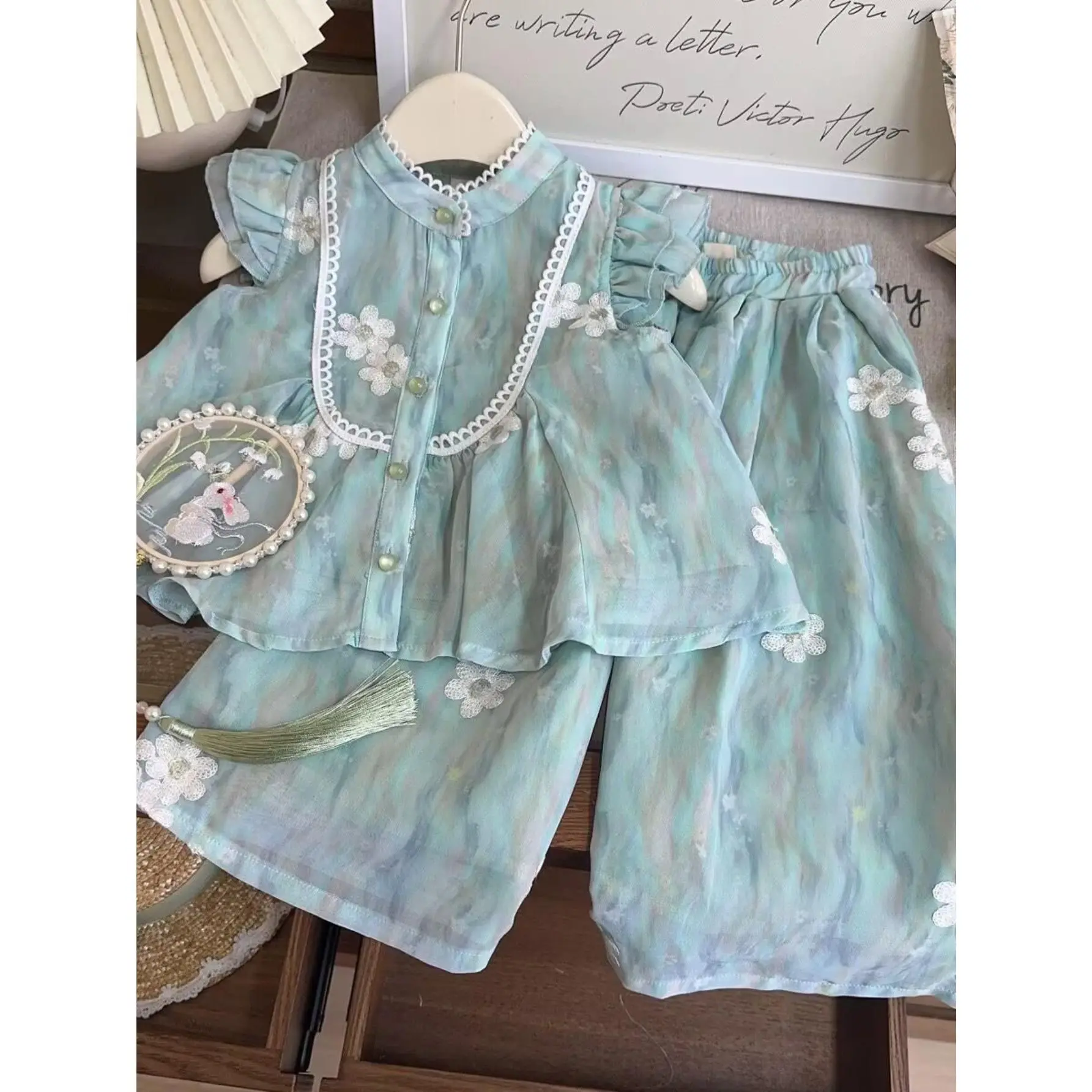 Summer Girls' Suit National Style New Embroidered Lace Vest Top Wide-leg Pants New Chinese 2pcs Set, Girls' Trendy Clothing, Suitable for Outdoor Travel and Daily Wear, Perfect for Outdoor