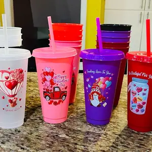 Valentine's Day Cups with Lids and Straws Set of 3 - Colorful Hearts and Love Designs for Romantic Gifts