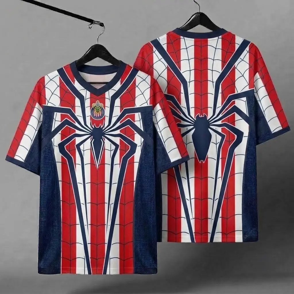Chivas De Guadalajara Jersey, Red White Striped Spider Shirt, Graphic Mesh Training Top, Mexican Club Fan Sports Tee, Athletic Breathable Game Day Streetwear Top