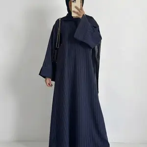 Muslim Women's Loose Striped V Neck Dress Robe, Strong Wrapping, Contains Pockets, No Headscarf, Long Sleeve, Modest Style