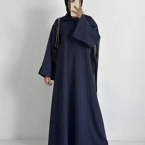 Muslim Women's Loose Striped V Neck Dress Robe, Strong Wrapping, Contains Pockets, No Headscarf, Long Sleeve, Modest Style, Modest Clothes