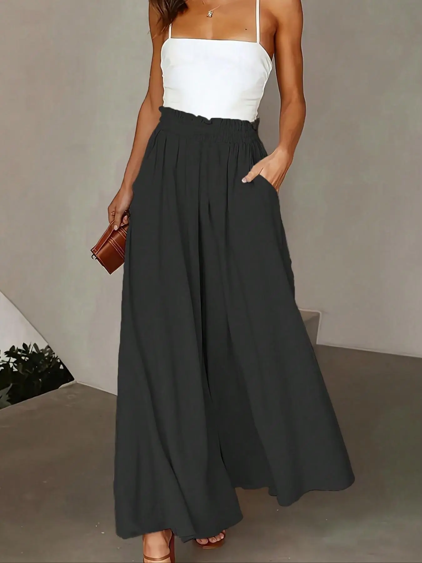 Women's Solid Color Wide Leg Pants, Casual Chic Trousers, Casual Elastic Waist Comfy Trousers for Work Office Business, Casual Fashion Bottoms, Ladies Bottoms for All Seasons, Everyday Fit