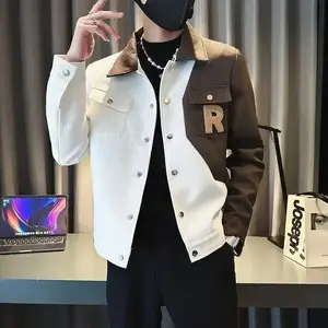 Men Jacket Korean Style Casual Casual Cargo Spring Autumn Jacket Coat Patchwork Loose Male Outerwear Coats Menswear Tops Long Sleeve Black Can be used with raincoat