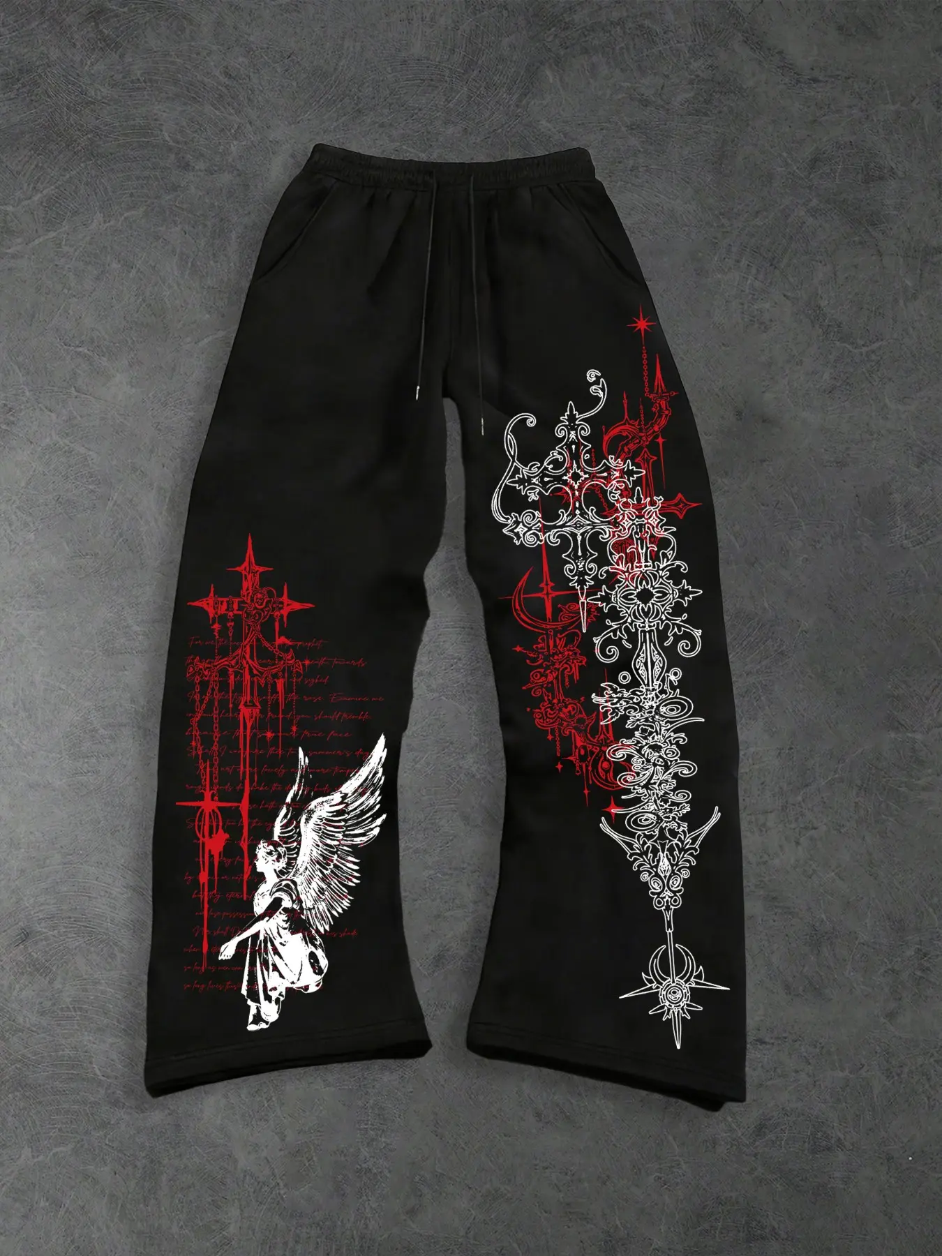 Unisex Angelic Thorn Casual Lounge Wide Leg Pants, Casual Fit Bottoms, Gothic Thorns & Angels Graphic Print, Soft Fleece Fabric, Y2K Grunge Aesthetic Style, Casual Streetwear Trousers, Casual Comfy Trouser, Daily Wear, Concerts, City