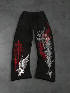 Unisex Angelic Thorn Casual Lounge Wide Leg Pants, Casual Fit Bottoms, Gothic Thorns & Angels Graphic Print, Soft Fleece Fabric, Y2K Grunge Aesthetic Style, Casual Streetwear Trousers, Casual Fashion Bottoms, Daily Wear, Concerts, City