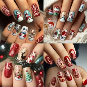 Christmas Nail Art Set, 96pcs Medium Square Press-On Nails, Snowman & Deer Designs, Glossy Finish, Perfect for Women & Girls