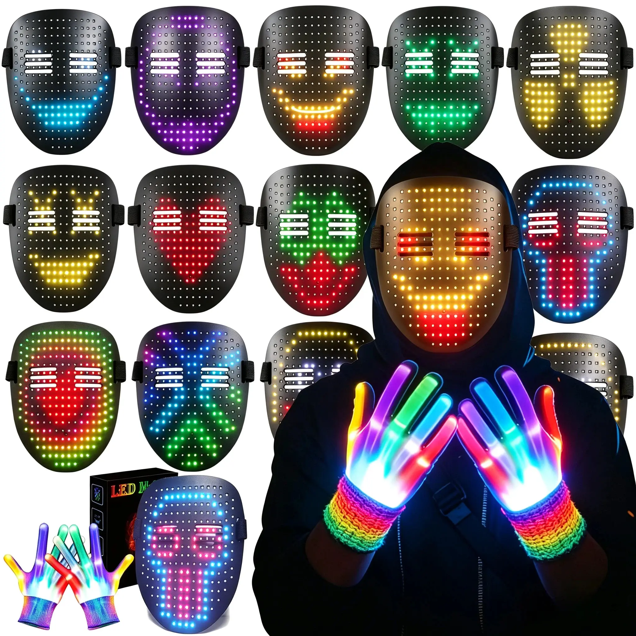Rechargeable Colorful LED Mask & Gloves Set - Gesture Control, 50 Color Changing, Comfortable Lightweight Face-Fit Clown Mask for Parties, Cosplay Raves Holiday Gamer Teen Gift