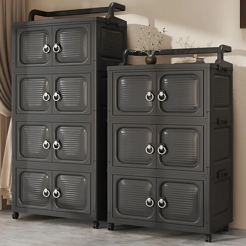 3/4/5-Tier Black No Assembly Fold Flat Stackable Plastic Storage Cabinet with Double Swing Doors, 360° Swivel Casters & Top Handle, Dustproof Modular Organizer for Bedroom, Bathroom, Laundry, Kitchen, Narrow Gaps & Small Apartments campingessentials