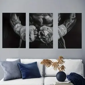3pcs Wooden Frame Muscle Poster & Boxing Gloves Wall Art Decor, Artistic Contemporary Sports Inspiration, Mdf Material, Made in China