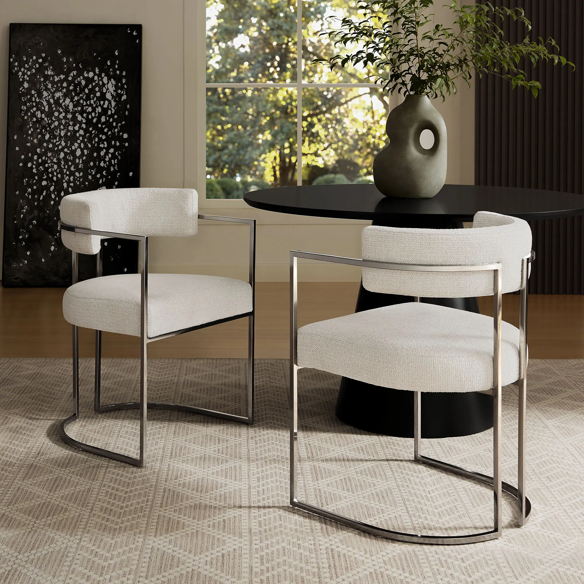 Huron Curved Back Fabric and Metal Dining Accent Chair in Silver Cream