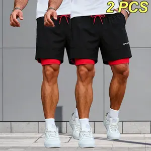 Men’s faux two-piece athletic shorts with stretchy lining for fitness and running; loose, casual, versatile straight mid-length shorts with letter print and a drawstring waistband that can be freely adjusted; suitable for workouts and everyday wear.