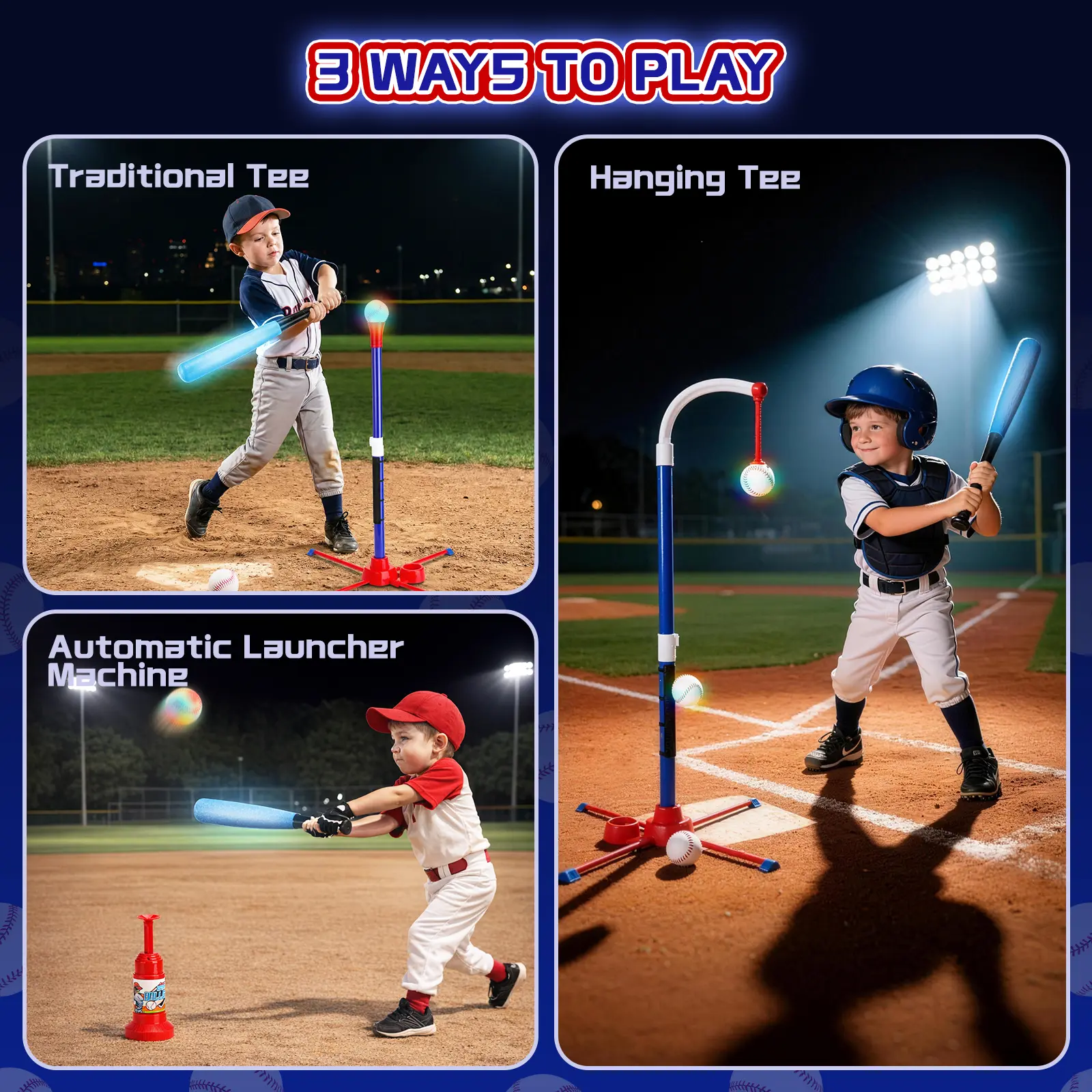 deAO Light up Tee Ball Set, 3-in-1 T Ball Set - Adjustable Height, Hanging Tee Ball Set with Automatic Pitching Machine/4 Balls/Retractable Bat, for Kids 5-8, Kids Outdoor Playset Baseball Toys Gifts for Boys Girls