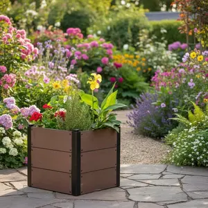 9.29 Inch x 19.29 Inch x 17.72 Inch Raised Garden Bed Wood-Look WPC Composite Planter Box Outdoor Deep Root Design Planter with Metal Frame for Vegetables Flowers Herbs Open Bottom