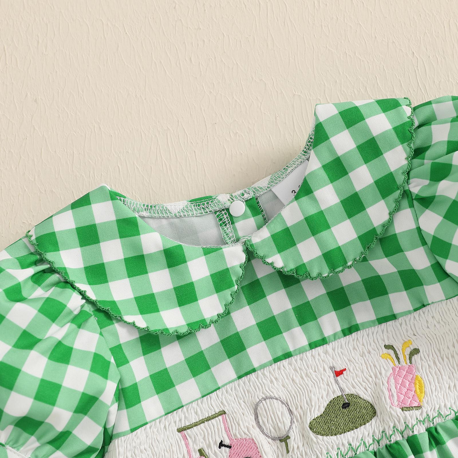Baby Girl Cute Golf Plaid Smocked Romper Bodysuit Short Sleeve Peter Pan Collar  Jumpsuit Playsuit Newborn Coming Home Outfit #Springtok